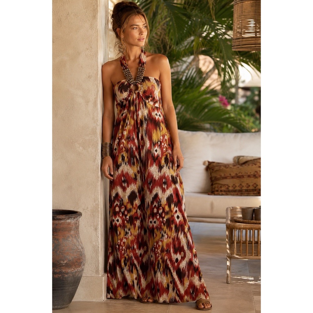 Boho Halter Maxi Dress Beaded Neckline Ikat‎ Tribal Print Stretch Resort M
